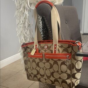 Coach Tan and Orange Signature Tote